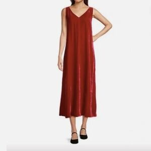Eileen Fisher Dress Red Scarlet Velvet V-Neck Midi Sleeveless